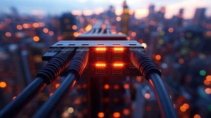 Illuminated network cables against city skyline.