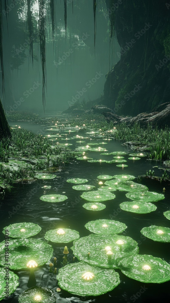 Poster glowing lily pads illuminate swamp river, misty forest background; game asset