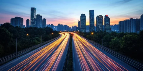 Fototapete Rund City highway sunset traffic light trails © DudeDesignStudio