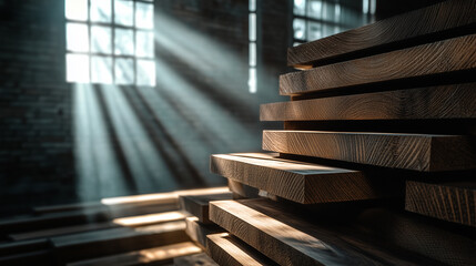 Wooden planks with unique grain details, stacked in a rustic workshop with beams of sunlight filtering through old wooden shutters.