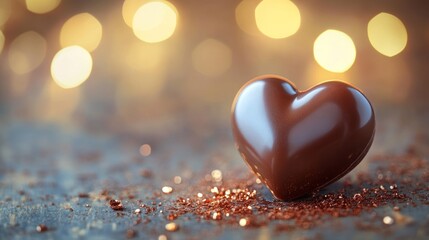Fototapeta premium Chocolate heart sits on a rustic surface surrounded by sparkling golden lights during a romantic celebration