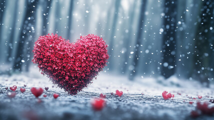 Fototapeta premium 3D rendering of a red heart made from small flowers on the ground in a forest with snow falling. Valentine's Day concept. Ai generated