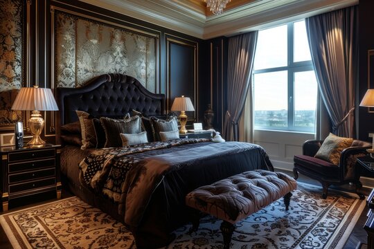 Fototapeta Luxurious king-sized bedroom with city views, sophisticated decor, plush bedding, patterned rug, and plush ottoman, Luxurious bedroom with a king-sized bed and silk bedding