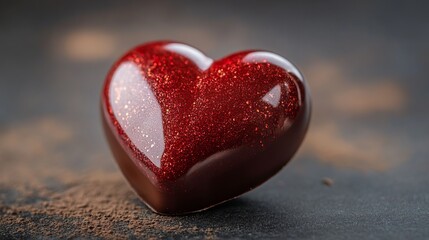 Fototapeta premium Shimmering red heart-shaped decoration reflecting light on a dark surface