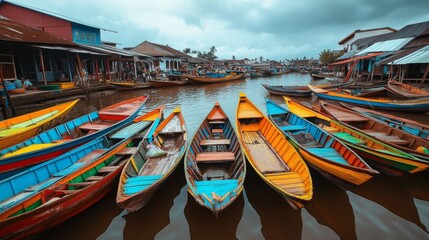 Obraz premium Vibrant Colorful Boats on a Tropical River