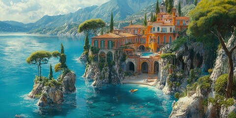 Obraz premium Coastal Villa, Sunny Seascape, Mediterranean, Vacation
