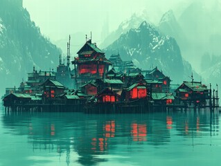 Lakeside village glows, mountains backdrop, fantasy setting, game design