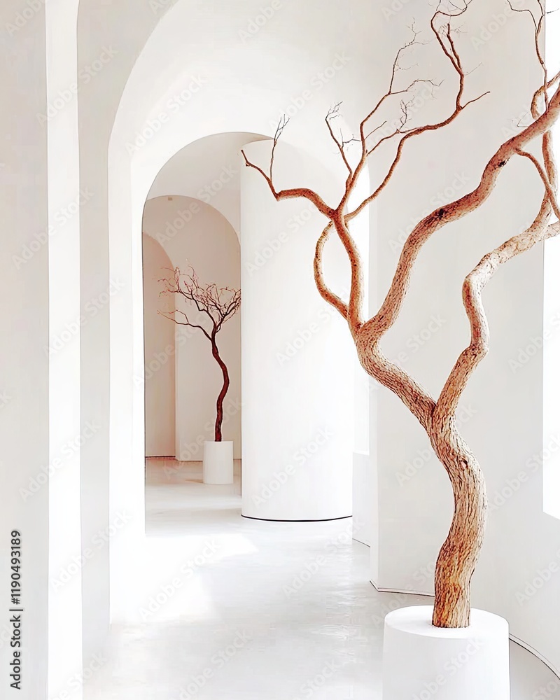 Poster minimalist elegance in a serene studio exploration with unique tree sculptures