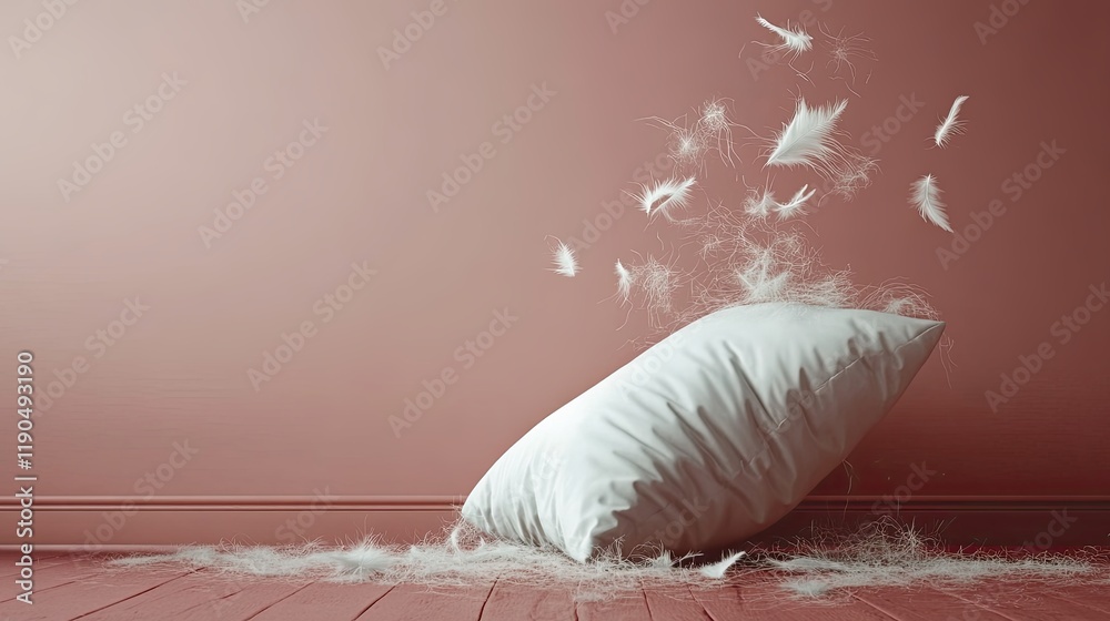 Poster soft textures of a white pillow with delicate feathers on a calming pastel background