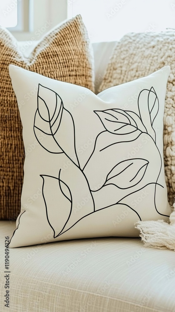 Aufkleber minimalist line drawing showcasing a pillow adorned with elegant feather designs on white background