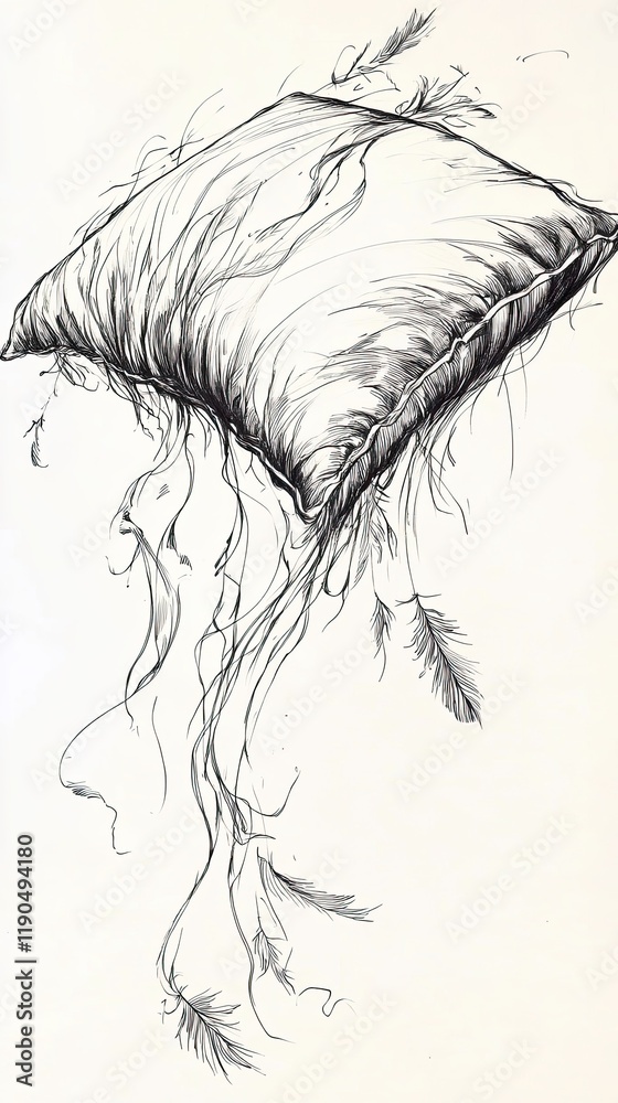 Aufkleber minimalist black line drawing of a pillow surrounded by soft sketched feathers
