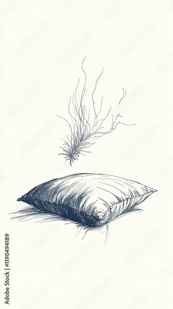 Aufkleber minimalist line drawing of a serene pillow with drifting feathers on a white canvas