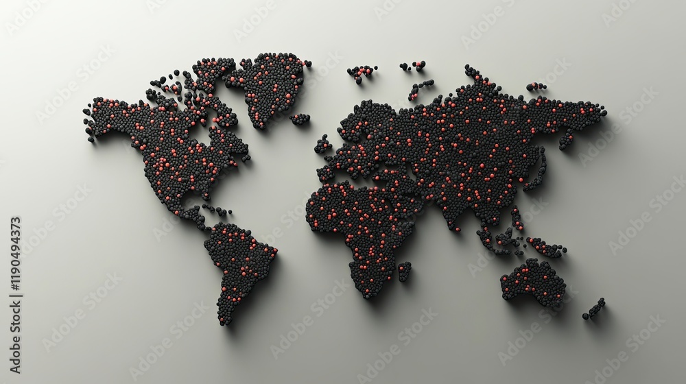 Poster minimalist world map design using black dots on a soft gray background for artistic inspiration