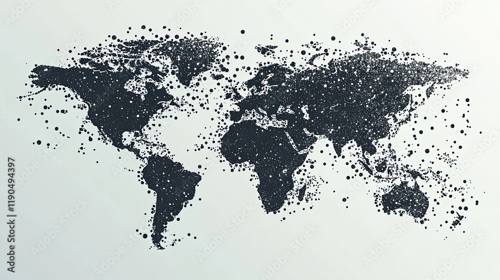 Aufkleber Minimalist World Map Made of Black Dots on a Soft Gray Background Creating a Modern Artistic Effect