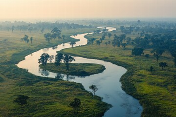 Fototapeta premium Aerial view winding river, misty dawn, savanna