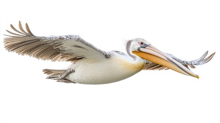 Obraz premium Pelican Soaring Gracefully in Flight Against a Crisp White Background