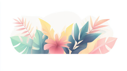 Fototapeta premium A vibrant cut-out illustration of abstract tropical leaves, with striking geometric shapes and soft edges, featuring a palette of pastel pinks
