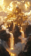 Fototapeta premium Golden City, Cloudscape, Waterfalls, Sunset, Fantasy, Artwork