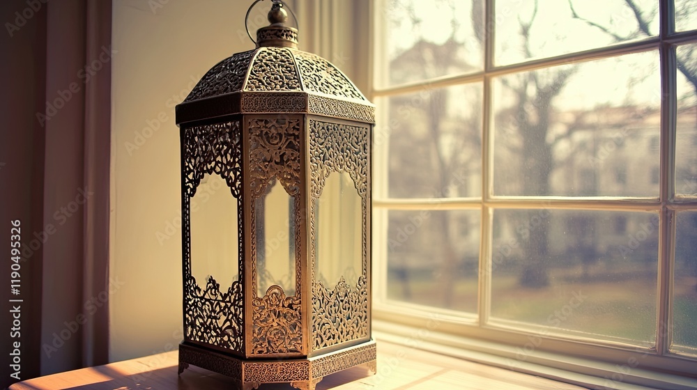 Poster intricate brass lantern exuding warmth and elegance with a backdrop of soft gradient colors