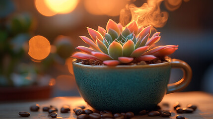 A succulent plant inside a blue ceramic mug