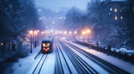 Fototapeta premium Snowy evening train journey through a tranquil cityscape illuminated by streetlights and surrounded by winter wonderland