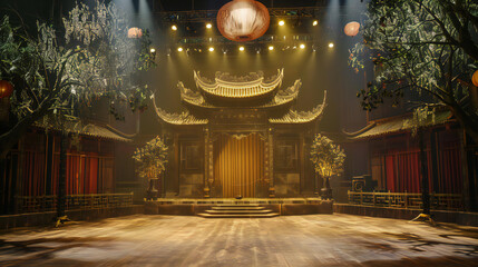 Fototapeta premium Atmospheric Chinese Stage Set with Traditional Architecture, Hanging Lanterns, and Lush Trees, Creating a Dramatic and Immersive Setting
