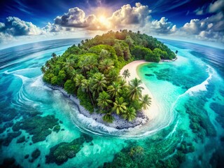 Fototapeta premium Aerial View Tropical Island Lush Greenery Double Exposure Stock Photo