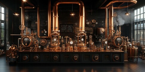 Steampunk Distillery Interior Copper Stills, Industrial Design, Loft Setting