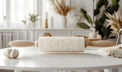Embossed rolling pin on white table.