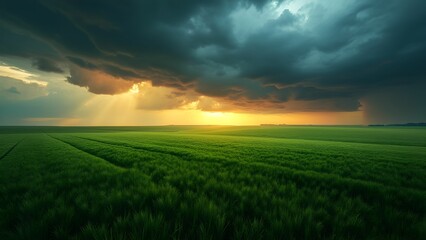 Obraz premium Dramatic sunset over green field with storm clouds and rain showers