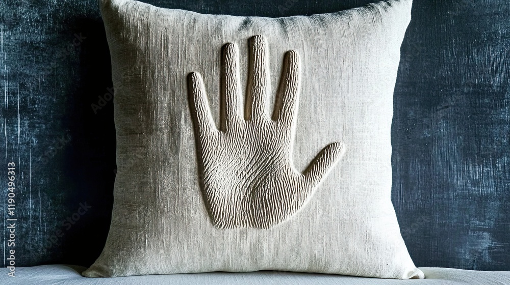 Poster minimalist white pillow featuring an abstract handprint design on a gray backdrop