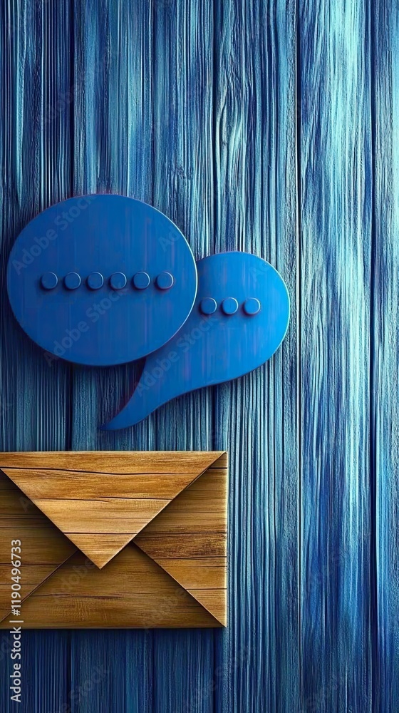 Poster an envelope rests on a textured blue backdrop, alongside a playful speech bubble