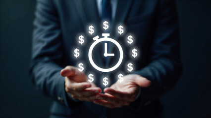Business professional holding glowing stopwatch icon surrounded by dollar signs symbolizing time management and financial value