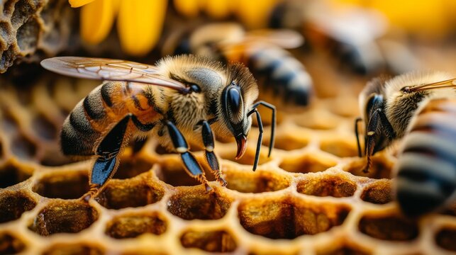 A detailed close-up of honey bees on a honeycomb with their distinctive striped bodies and segmented legs