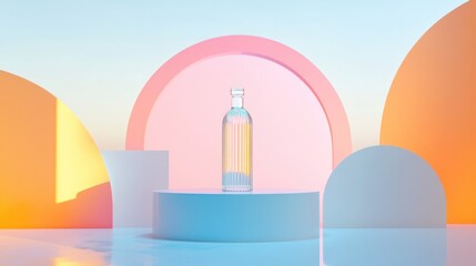 Glass bottle on pastel platform with arch shapes.