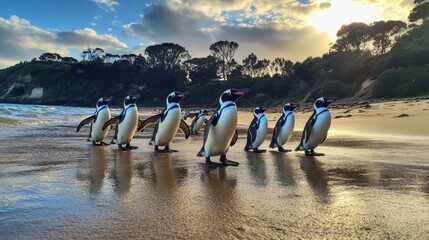 Majestic Penguins on a Golden Beach Sunrise