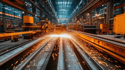 Industrial factory interior with metal cutting sparks.