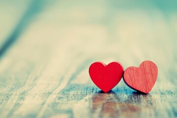 Fototapeta premium Two rustic wooden hearts elegantly placed on a natural wooden surface for a charming decor touch