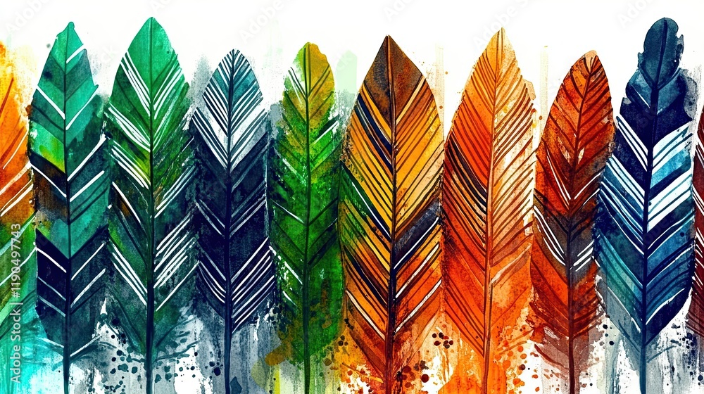Poster boho watercolor bird feathers with intricate patterns and playful colors