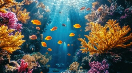Fototapeta premium Vibrant coral reef fish sunlit ocean background