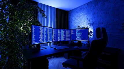 A modern workspace featuring multiple monitors displaying code in a dimly lit room with plants