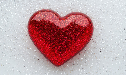 Fototapeta premium Glittery 3D red heart isolated. White background. Copy space for text. Banner.