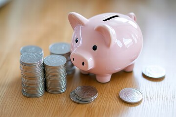 Cute pink piggy bank next to stacks of coins on wooden table