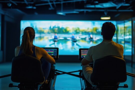 Indoor rowing exercise session with immersive visuals in a fitness studio in the evening