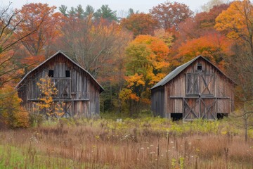Two weathered wooden barns stand tall in a field, surrounded by a backdrop of colorful autumn trees, Rustic barns surrounded by autumn colors