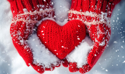 Hands with red gloves holding a red heart in a snowy landscape, concept of love and emotion, thank you, help and charity, Valentine's Day, love and trust. Close-up. 