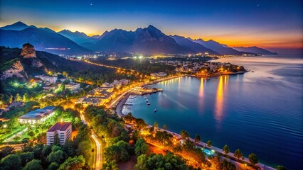 Fototapeta premium Antalya Kemer Aerial Panoramic Night View: Stunning Holiday Resort Illumination