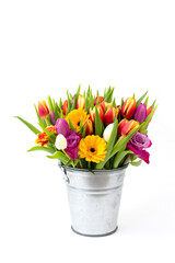 flowers in a bucket on white background