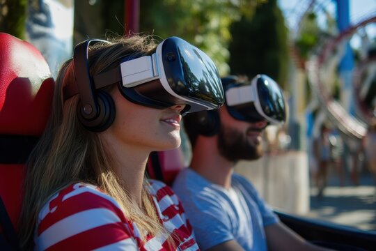 Thrilling virtual reality ride experience at amusement park during sunny afternoon