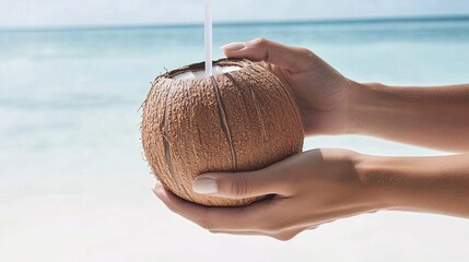 Refreshing Coconut Drink Enjoyed on a Sunny Beach Day With Pristine White Sand and Clear Skies